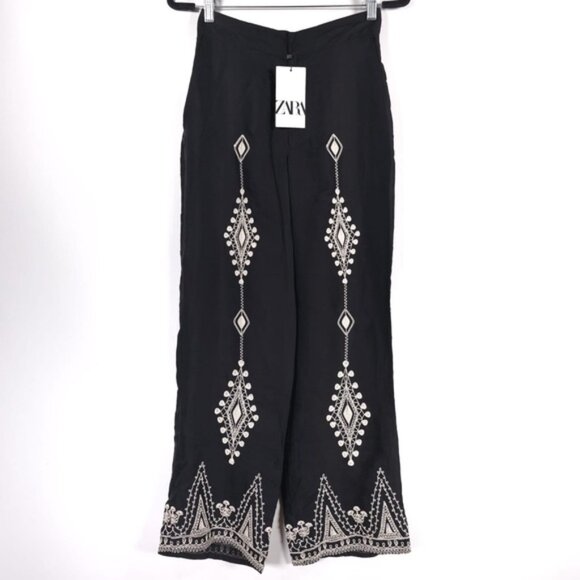 NWT Zara Embroidered High Waisted Silky Satin Wide Leg Pants 6895/272/800/ XS - Picture 4 of 16